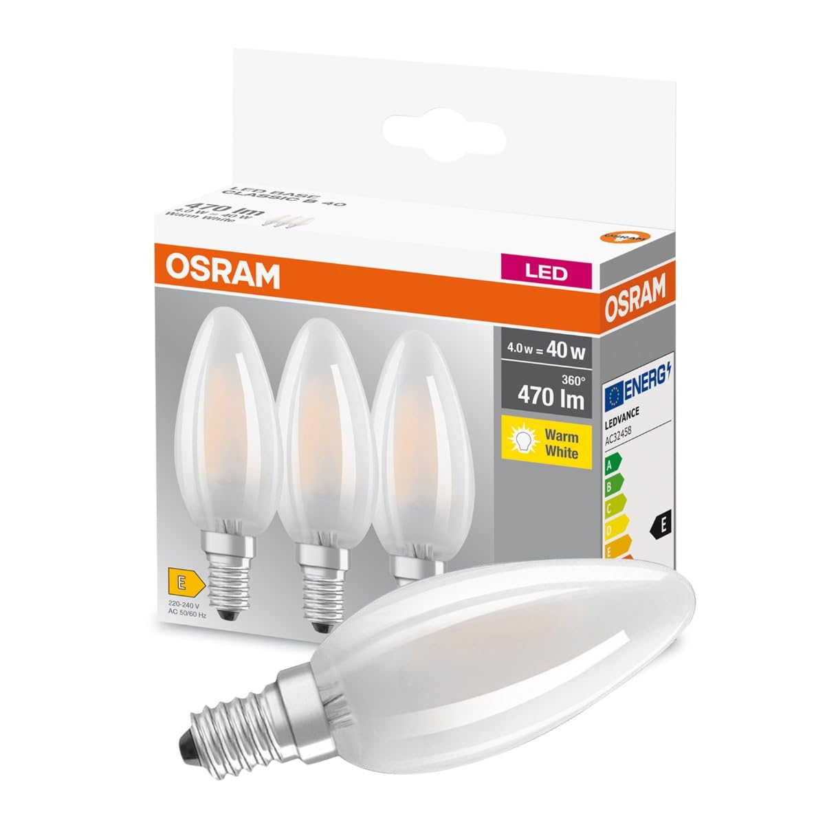Osram Lampadine LED Candela, 4W Equivalenti 40W, Attacco E14, Luce Calda 2700K, Confezione da 3