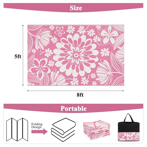 Ileading Outdoor Patio Rug, Pink Floral Reversible Outdoor Rug, Waterproof Plastic Straw Mat, Portable Outside Deck Area Rug, Camping RV Carpet for Porch Balcony (5×8 ft) - Image 2