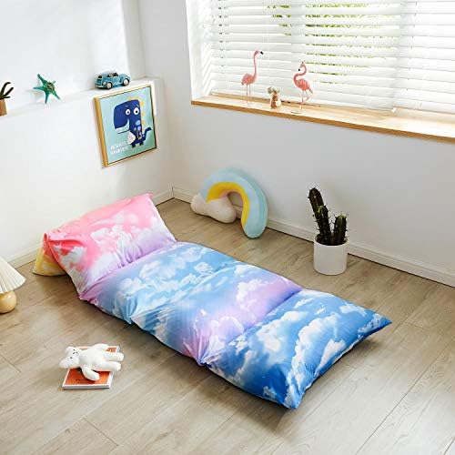 Mengersi Pillow Bed Floor Lounger Cover for Kids, Floor Pillow Case Bed Cover, Rainbow Kids Cot for Nap, TV Time, Reading,Requires 5 Pillows (Pillows Not Included),Queen, Pink and SkyBlue