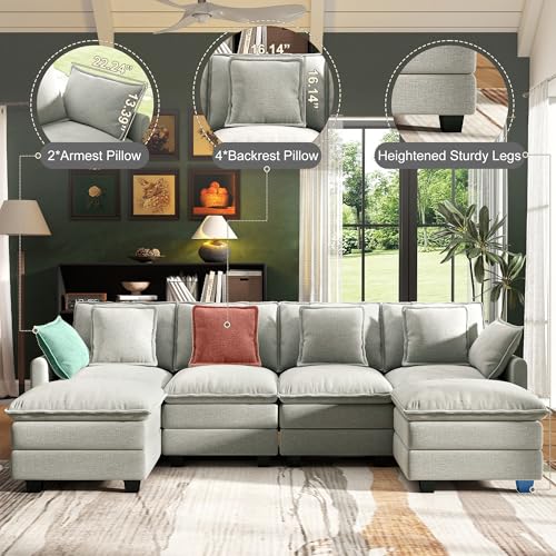 Image of 107 inch Cloud Couch Sectional Modular Sofa, Deep Seat Couches with Ottoman and Removable Washable Pillows for Living Room, Bedroom, Apartment, Light Grey