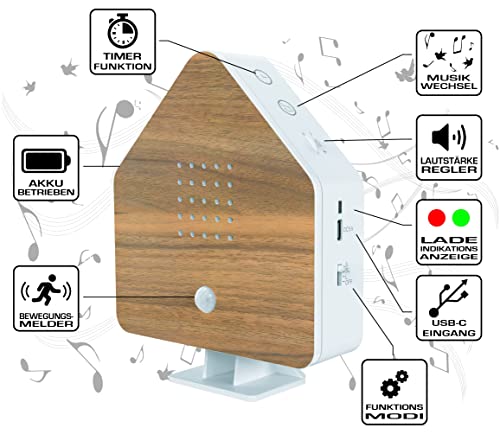 Northpoint Natur Soundbox, Vogel, Gesang, Vogelzwitscher, Box, Bewegungsmelder, Vogelsound, Licht, wiederaufladbar mit Wandhalterung, Buchenholzhaus