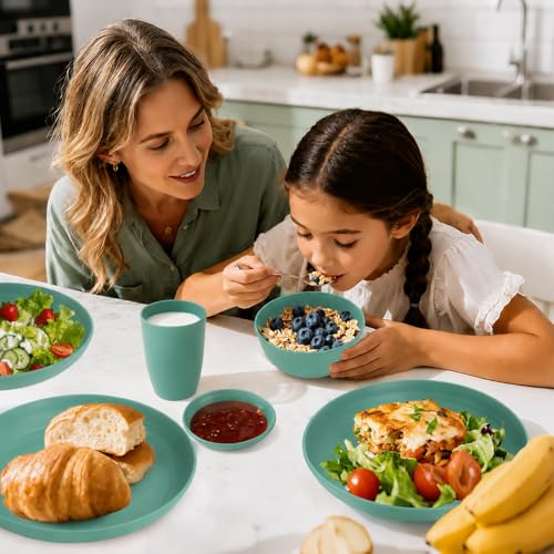 Image of Unbreakable Wheat Straw Dinnerware Set 16 PCS - Kids Plates and Bowls Set for 4,Dishwasher & Microwave Safe Lightweight Toddler Plates and Bowls Set for Party Camping Kitchen - Green