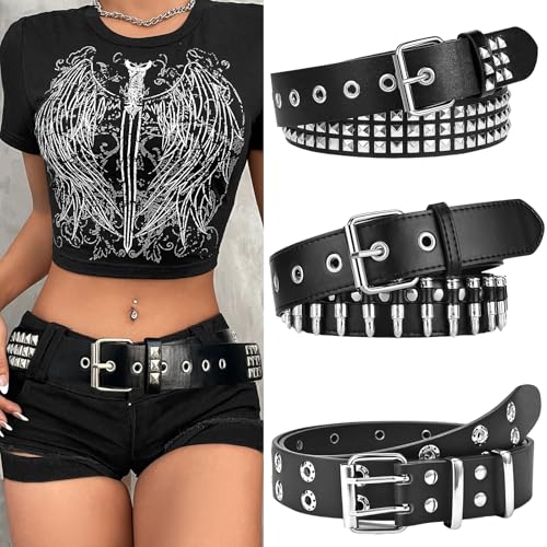Black Studded Belt Y2K Belt 3 PCS Cool Belts Gothic Punk Rock Belts with Grommet Threads Bright Metal Pyramid for Women Men2
