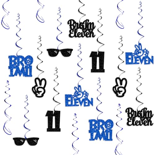 Plzaxou 11th Birthday Decorations for Boys Black Blue Glitter Bro IM 11 Hanging Swirls Brother 11 Year Old Birthday Party Supplies