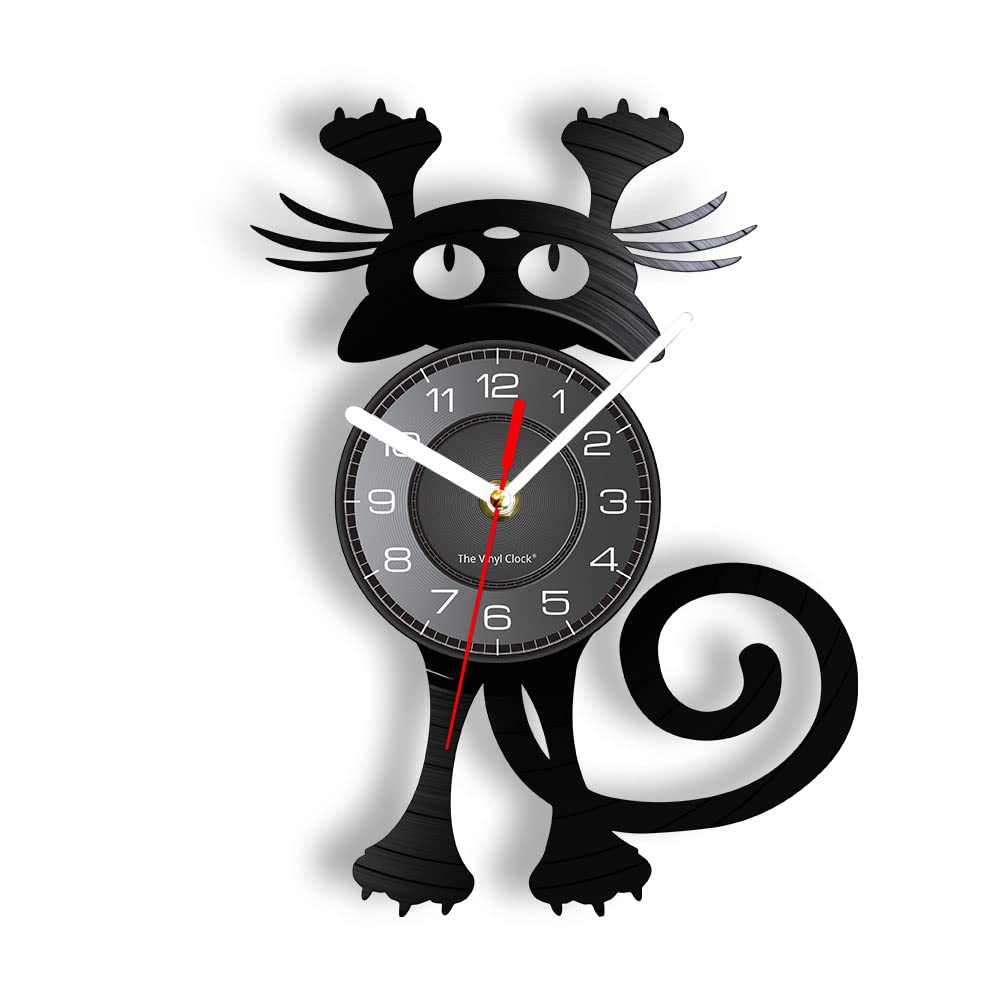 Timethink 12'' Cat Vinyl Record Wall Clock for Pet Owners, Funny Kitten Wall Art Decor Black Cat Silent Non Ticking Modern Analog Wall Clock Watch Battery Operated for Bedroom Living Room Office