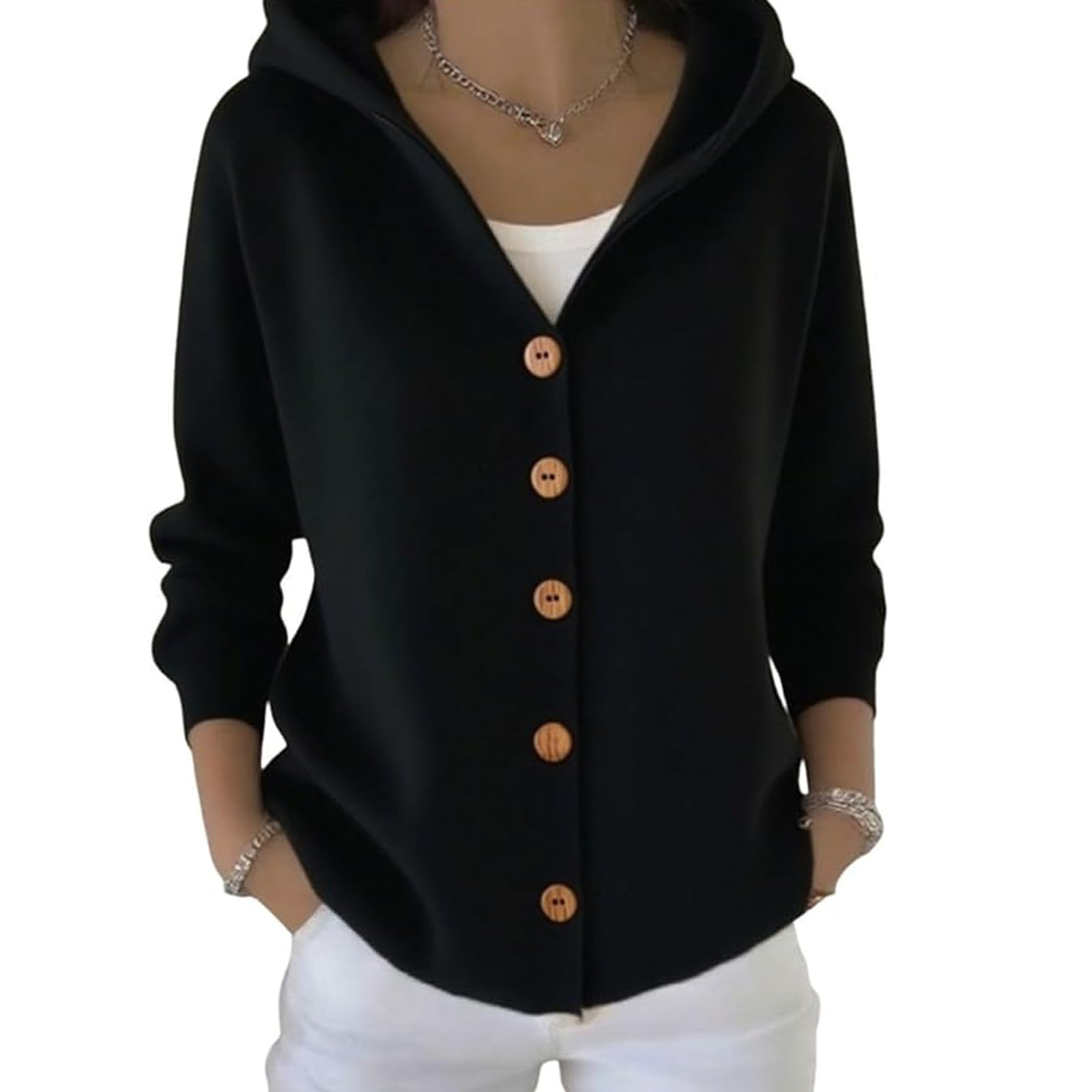 Womens Button Down Hooded Cardigan Sweaters V Neck Knit Hoodie Coat Jacket Soft Long Sleeve Solid Color Sweater