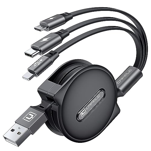 Cafele 3 en 1 Cable de Carga Retráctil[20-120CM],5V/3A Cable Cargador Multiple Rápido Seguro,Cargador Universal Movil USB con Tipo C/MicroUSB/Phone para 14 13 12 Galaxy Huawei (Negro)