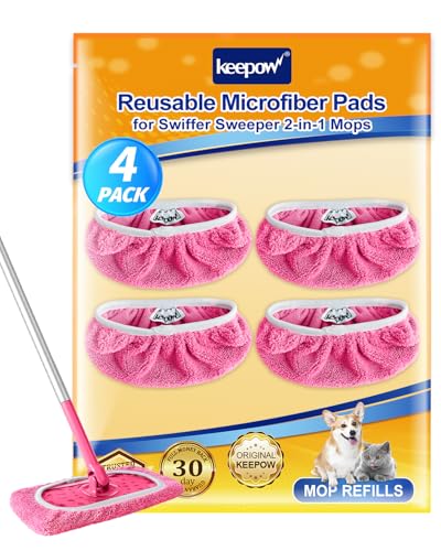 KEEPOW 4 Pack Reusable Mop Pads Compatible with Swiffer Sweeper, Microfiber Washable Swiffer Mop Pads, Dry & Wet Sweeping Mopping Cloths (Pink)