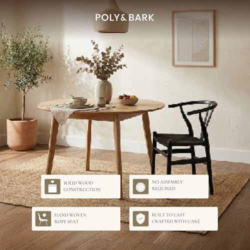 Image of Poly & Bark Weave Dining Chairs - Mid-Century Modern Wishbone Dining Chairs with Arms, Solid Wood Frame, Indoor Use - Pitch Black - Set of 2 - Ideal for Dining Room, Kitchen or Stylish Accent Setting