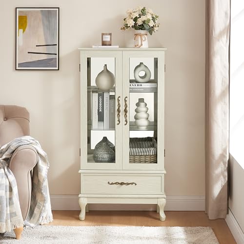 Image of 51 inch H Lighted Curio Cabinet Display Case, Glass Curio Cabinet with Adjustable Shelves,Tempered Glass Door and Drawer, Wooden Cabinets w /Mirrored Back Pane for Living Room (Antique White)