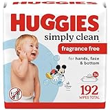 Huggies Simply Clean Unscented Baby Diaper Wipes, 3 Flip-Top Packs (192 Wipes Total), Packaging May Vary