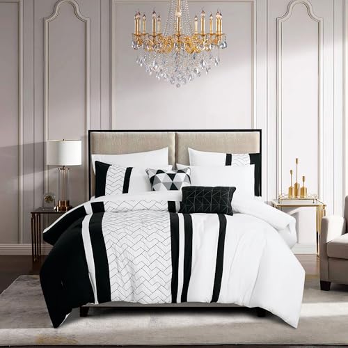 ESCA Black and White Comforter Set with Sheets 9 Piece Geometric Chevron Bed in a Bag King