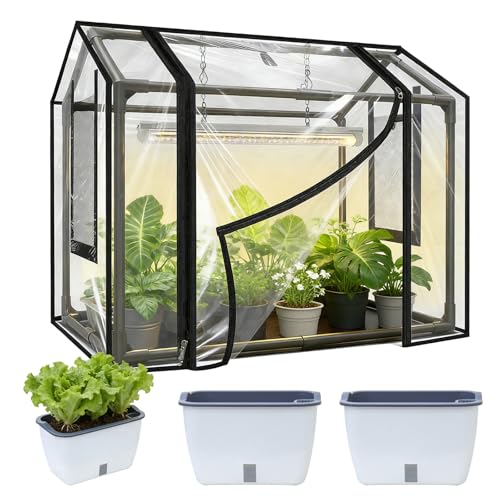 Kit de Plantación, Invernadero Exterior con Dos Macetas Invernadero de Jardín de PVC de 60 x 40 x 50 cm con Enrollables con Cremallera Cubierta Aislante Transparente para Plantas para Jardín y Balcón