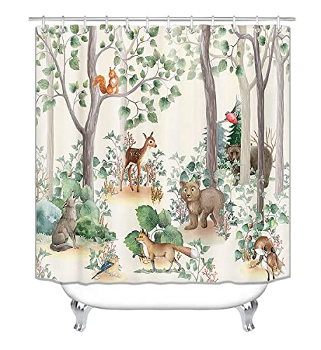 Olebety 4Pcs Cartoon Animal Shower Curtain Set, Woodland Green Leaf Deer Squirrel Fox Wolf Bear Hunting Cabin Lodge Rustic Farmhouse Kids Bathroom Decor, Non-Slip Bath Mat Toilet Rug, Forest Animals #TOP1