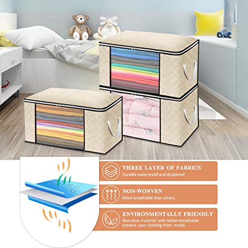 king do way Closet Organizer Clothes Storage Bags Large Capacity Storage Organizers with Reinforced Handle,Stainless Steel Zipper,3 Layer Fabric for Comforters,Bedding,Blankets Clothing (Off White, Storage without Divider,4 Pack)