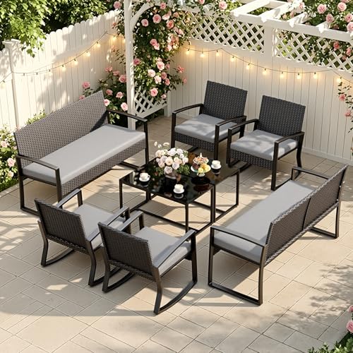 Image of Ahomly 8 Piece Wicker Patio Furniture Set with Rocking Chairs, Grey