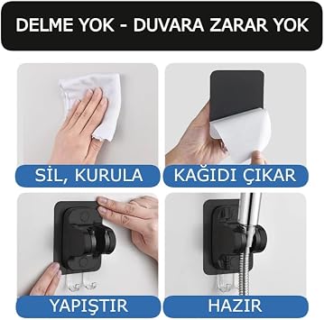 4'lü Duş Seti, Siyah 6 Fonksiyonlu Filtreli Duş Başlığı, Siyah, 3 Yedek Filtre, 150 cm Hortum, Yapışkanlı Askı (Siyah Set)