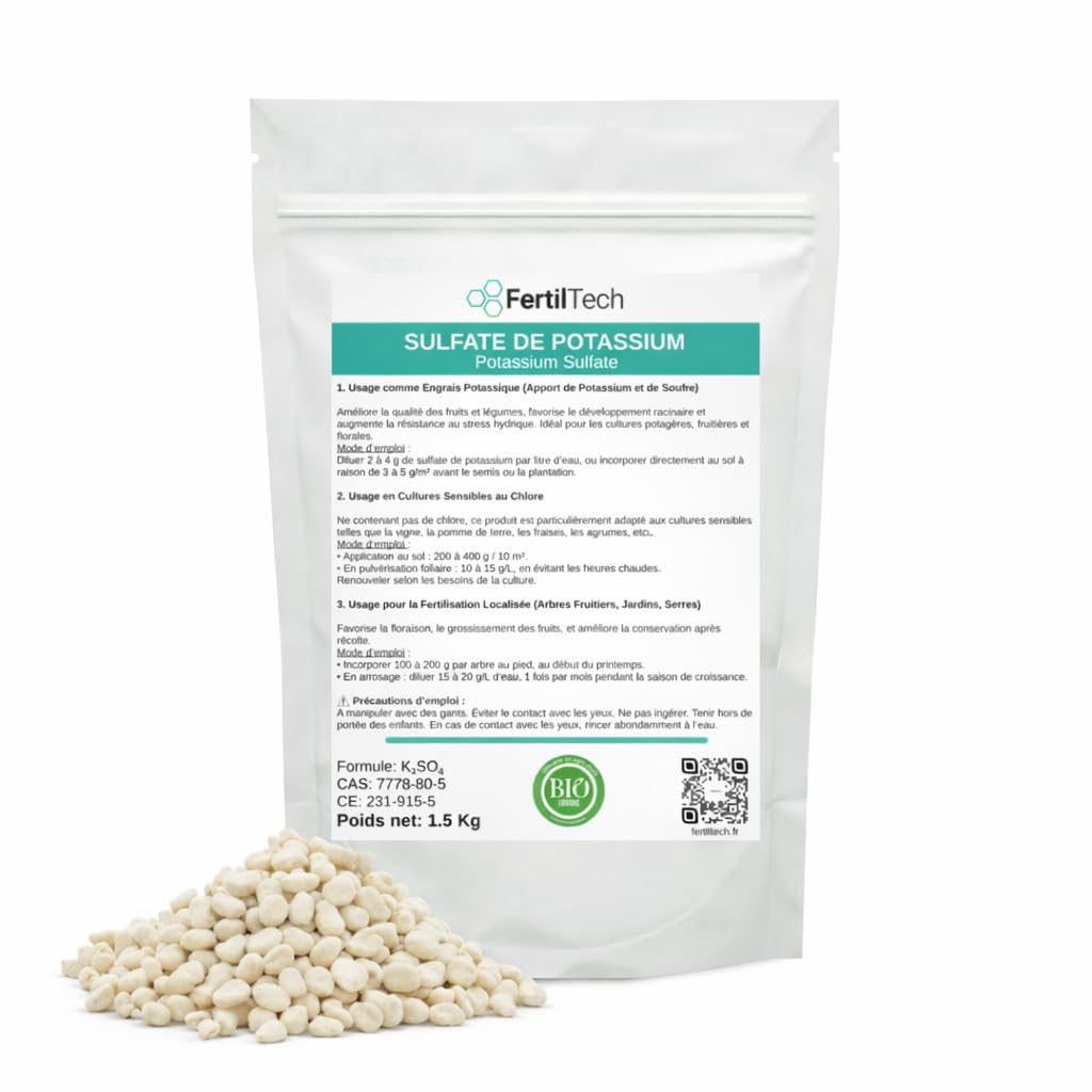 Sulfato de potasio 1,5 kg – Fertilizante natural rico en potasio y azufre – Ideal para jardín, huerto, frutas y verduras – Favorece la floración, el crecimiento y la cosecha