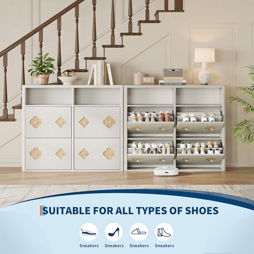 Image of GarveeHome Shoe Cabinet with 4 Flip Drawers, Narrow Wood Shoe Organizer Cabinet with Floral Pattern, Freestanding Slim Shoe Rack Cabinet with Adjustable Shelves & Open Storage, for Entryway, White