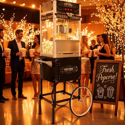 Image of 32oz Commercial Popcorn Machine with Wheels, Vintage Black Cart with Stand | 32OZ Stainless Steel Kettle, Tempered Glass Professional Pop Corn Maker, Large Capacity for Hallloween Parties, Home Theater