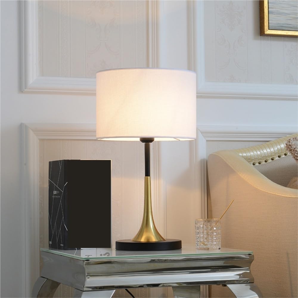 Lampada da tavolo europea, lampada da comodino dimmerabile for | Stile europeo, paralume in tessuto, dimmerabile, controllo tramite pulsanti, arredamento della(White)