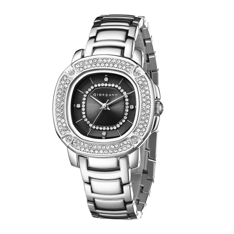 Giordano Montre analogique pour femme avec cadran carré, lunette ornée de cristaux et bracelet en acier inoxydable, Argenté., Robe