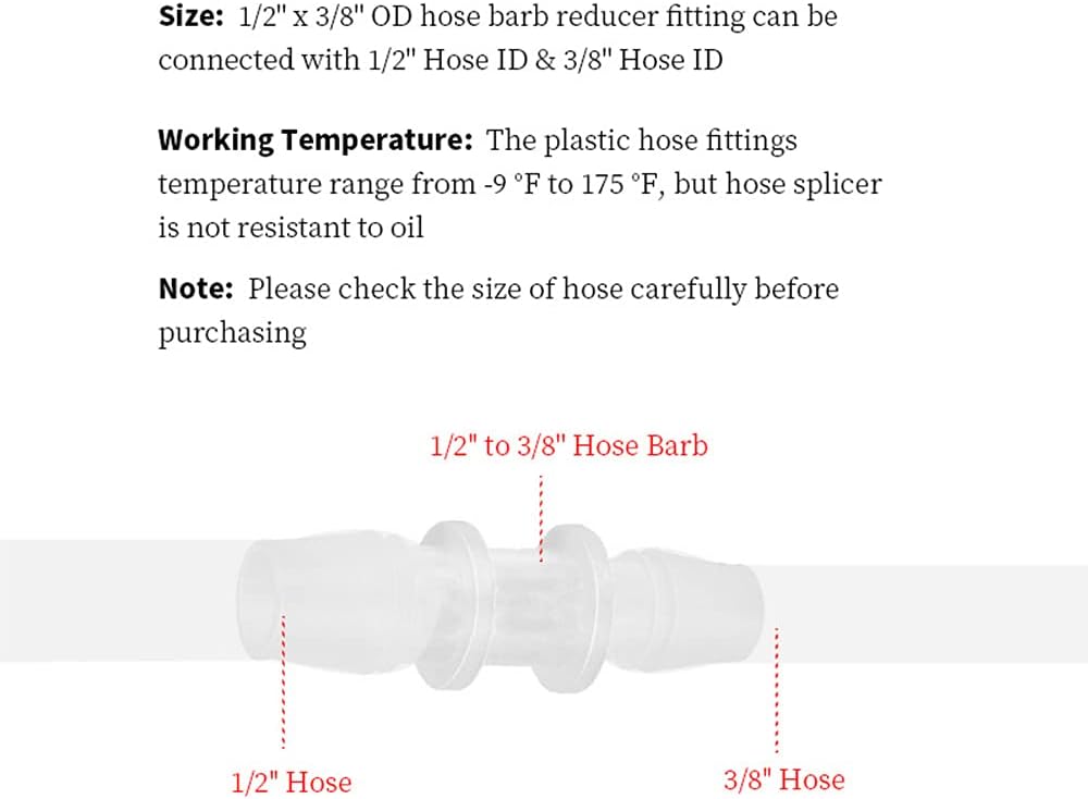 Plastic Hose Barb Reducer Fittings, 1/2" to 3/8" Hose Barb Reducer Pipe Fittings Adapter for Air Water Fuel (Pack of 8) …