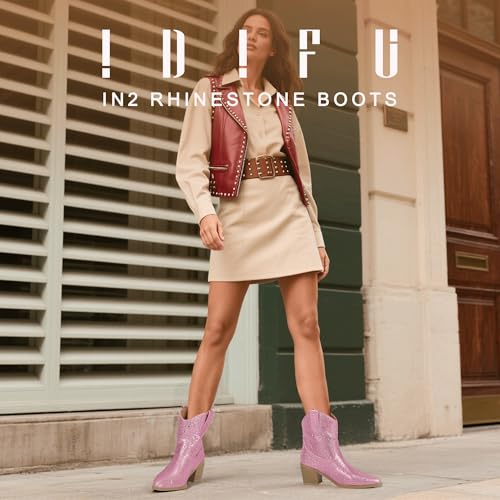 IDIFU IN2 Womens Booties Cowgirl Cowboy Rhinestone Ankle Boots for Women Low Short Block Heel Pointed Toe Slip On Fall Booties Ladies Western Sparkly Glitter Disco Wedding Fashion Dressy Boots2