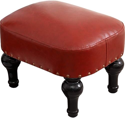 Miniatura 8 de Taburete pequeño para sala de estar, taburete de cuero marrón, reposapiés tapizado vintage, reposapiés de madera de goma, taburete para reposapiés