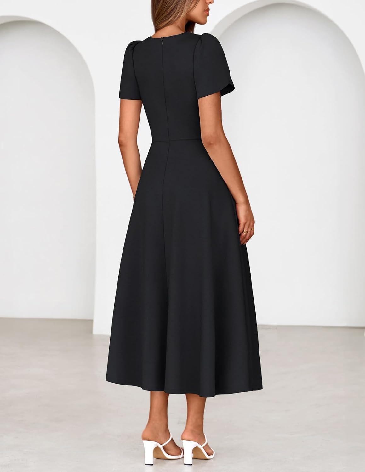MEROKEETY Women's 2026 Summer Midi Dresses Short Sleeve Crewneck A Line Pleated Wedding Guest Flowy Long Dress with Pockets