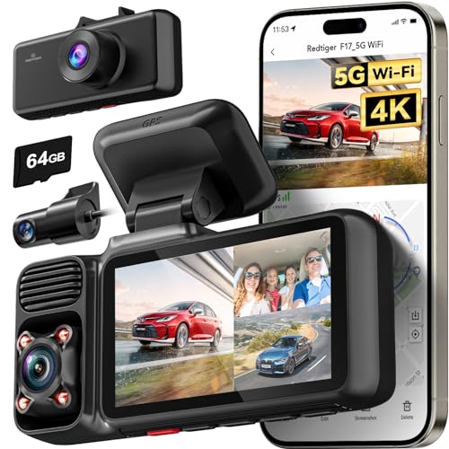 REDTIGER Dash Cam Auto, 4K+1080P+1080P Tripla Telecamera auto 5G WiFi GPS con Scheda da 64GB,Interno...