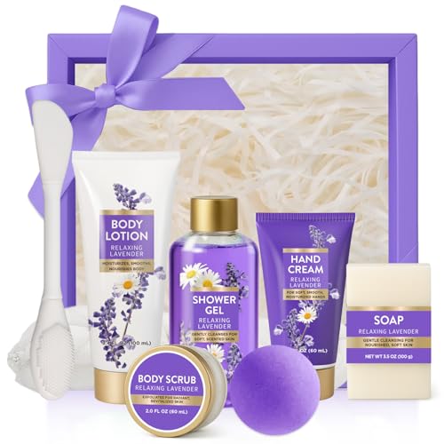 Image of BODY & EARTH Pamper Gifts for Women, 8PC Lavender Luxury Bath Spa Gift Sets with Bubble Bath, Body Lotion, Face Mask Brush, Birthday Gifts for Women, Self Care Gift Basket for Her, Mum