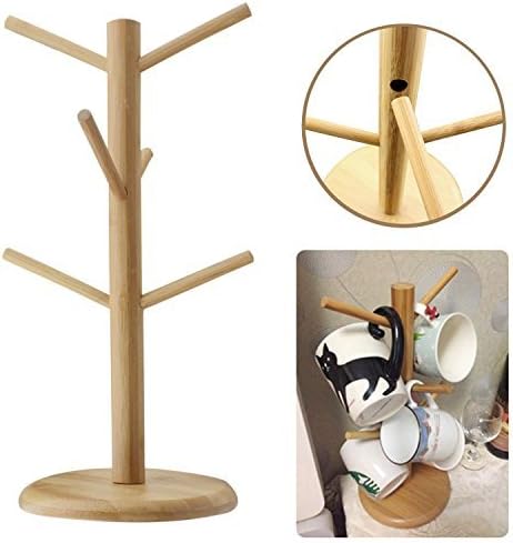 Mug Rack Tree, Mamahome Bamboo Removable Mugs Stand Storage Coffee Cup Hanger Holder with 6 Hooks for Glass Cups Bottle Mugs