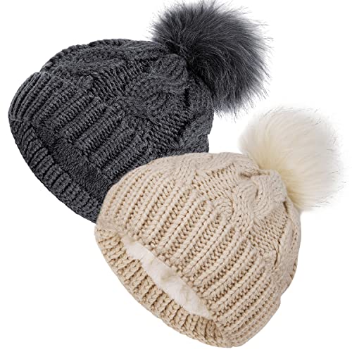 Image of YSense 2 Pack Toddler Kids Winter Warm Fleece Lined Beanie Hats for Boys and Girls Crochet Hairball Knit Cap (3-6 Years)