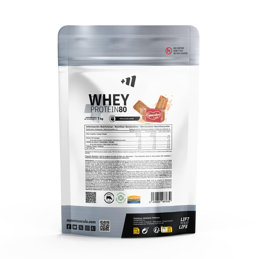 MASmusculo - Whey Protein 80 - Pot de 1 Kg - Whey Protein - Shake pour gagner de la masse musculaire - Aide à la récupération musculaire - Saveur Speculoos Lover