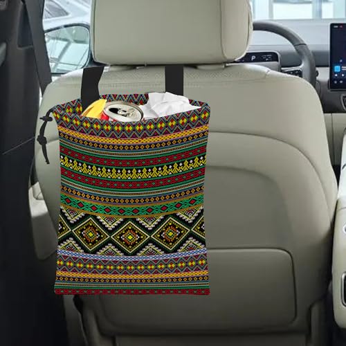Image of Car Trash Bag Hanging Green Ethnic Style Car Trash Can Waterproof Garbage Bag Hanging for Car Back Seat