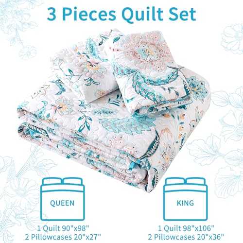 VAPUTAR Garden Queen Size Bedspread for Adults - Floral Quilt Queen Size Bedding Set (90 x 98 inch) with 2 Pillow Shams - Lightweight Reversible Coverlet Quilt for Bedroom, 3 Pieces