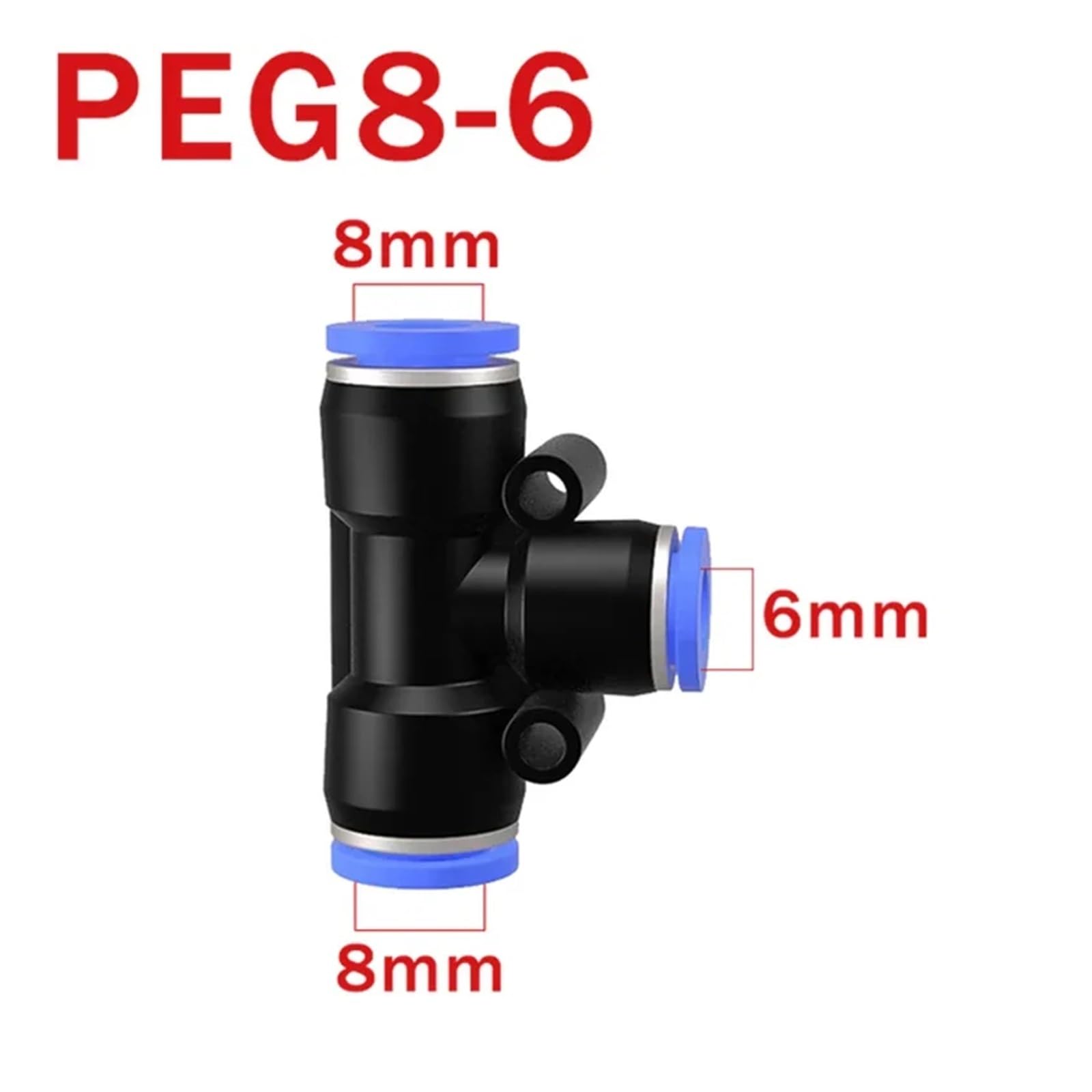 Conector neumático de aire PE PEG de 50/100/500 piezas, reductor de te de ajuste rápido, conector de manguera de tubo de plástico en forma de T de 3 vías, 4/6/8/10/12 mm(PEG 8-6,100 PCS)