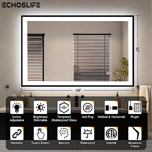 48x32 LED Bathroom Mirrors for Wall -Black Aluminum Framed (Front and Backlit), Anti-Fog Vanity Mirror With Lights,Stepless Dimmable Lighted Mirror,3 Colors Smart Mirror(Horizontal/Vertical)