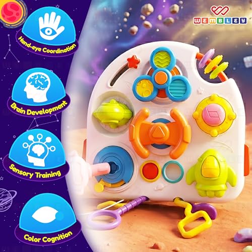 Image of Wembley Toys for 1+ Year Old | Montessori Busy Board for Toddlers 1-3 Years | Sensory Activity Toy with Spinning, Sliding & Fine Motor Skill Activities | Learning Toy for Boys & Girls | Birthday Gift