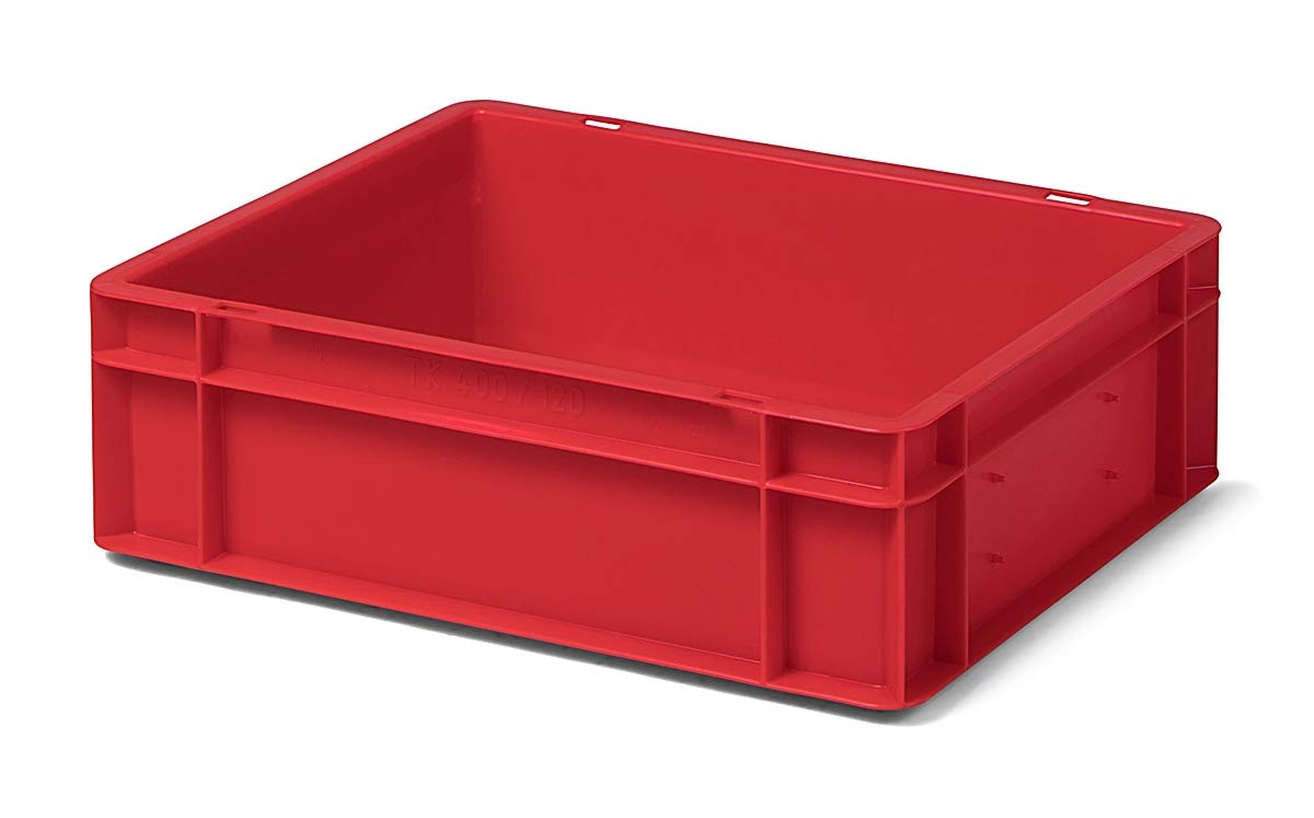 1a-TopStore 4 Stk. Transport-Stapelkasten TK412-0, rot, 400x300x120 mm (LxBxH), aus PP, Volumen: 10 Liter, Traglast: 30 kg, lebensmittelecht, made in Germany, Industriequalität