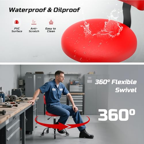 Image of Rolling Shop Stool with Wheels, Mechanic Garage Short Stool Chair with Adjustable Height 15.55 inch-18.3 inch, Heavy Duty Swivel Roller Seat for Garage, Salon and Tattoo Beauty, Red