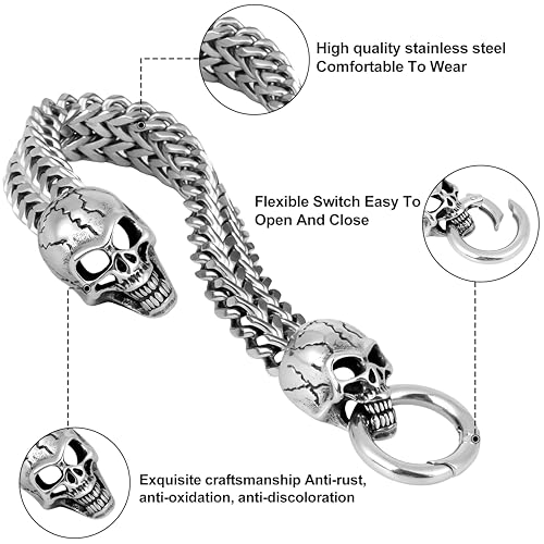 Men’s Stainless Steel Skull Bracelet – Heavy-Duty Ring Clasp, Foxtail/Franco Link Chain, Tarnish-Resistant – Gold or Silver, Biker Punk Rock Style Jewelry, Gift for Him4
