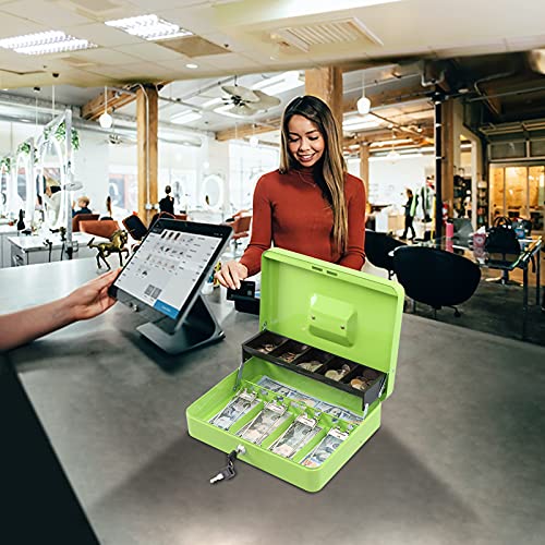 Image of KYODOLED Locking Cash Box with Lock,Money Box with Cash Tray,Lock Safe Box with Key Money Saver,Money Saving Organizer,11.81Lx 9.45Wx 3.54H Inches,Limegreen XL Large