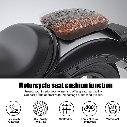 Image of Motorcycle Pillion Passenger Pad Seat, Brown Crocodile Leather Pillion Pad w / 8 Suction Cup Rear Passenger Seat Compatible with Harley Custom Bikes and More