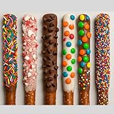 Chocolate Covered Pretzel Rods Gourmet Pretzel Sticks with Rainbow Sprinkles & Assorted Toppings Bulk 50 pack Individually Wrapped Chocolate Covered Pretzels Free sampler 4 oz chocolate twists