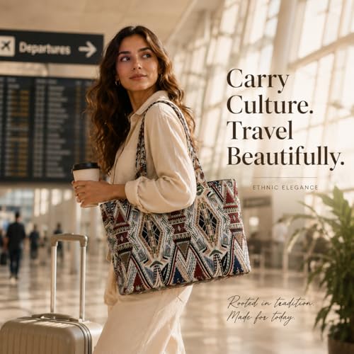 Image of Stylish Buoy Tote Bag for Girls & Women | Sturdy Cotton Blend Jacquard | Double Shoulder Ladies Handbag Purse For Daily & Office,Travel Use | Zip Pocket | Handcrafted