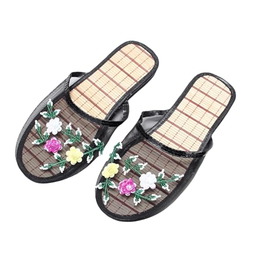 Chinese Floral Slippers,Women's Mesh Breathable Home Comfort Style Sandal,Suitable for most foot shapes (Black E, Adult, Women, 7.5, Numeric, US Footwear Size System, Medium)