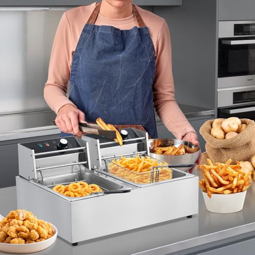 GarveeHome Commercial Electric Deep Fryer - 12.6Qt/ 12L Capacity, Dual Tank with Temperature Control, 3600W Countertop Fryer with 2 Baskets, for Home Kitchen and Restaurant