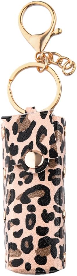 MXXGMYJLeopard Print Lipstick Holder Keychain for Women Leather Chapstick Key Chain Protable Lip Gloss Case Keychains